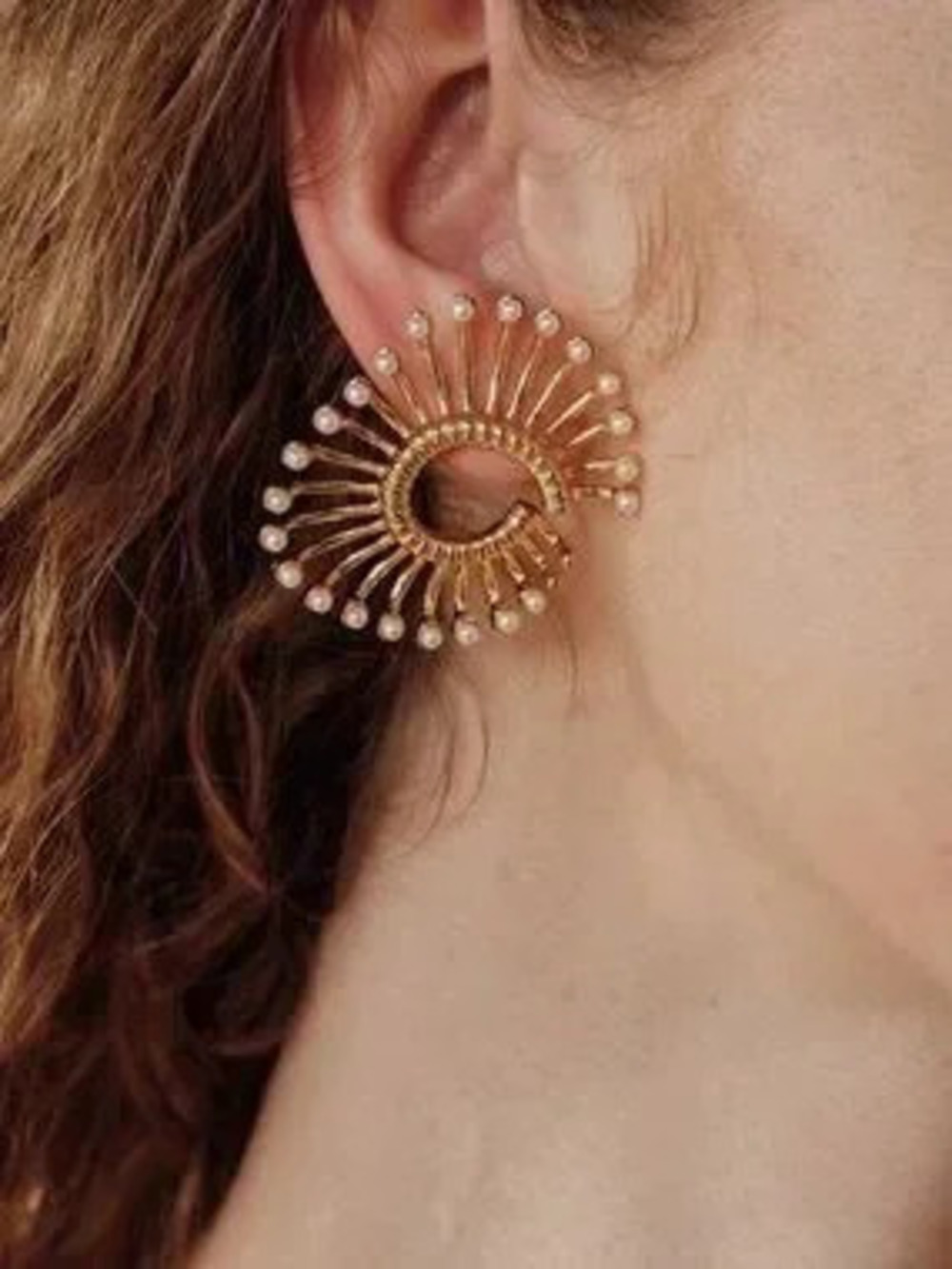 Etoile Gold Spiral Sunburst Pearl Orbit Earrings